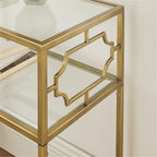 Pemberly Row Rectangular Accent Table, Antique Gold Metal Frame and Clear Tempered Glass, 23.38" W x 13.38" D x 26" H, 2-Tier Design with H-Style Stretcher, Modern Table for Living Room or Entryway