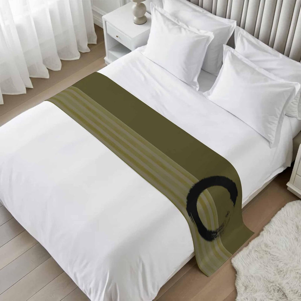 Bed Runner for King Size, Olive Green Striped Decorative Scarf Throws for Foot of Bed, Black Geometric Vintage Stripes Ombre Luxury Bedding Protector Slipcover Bedrunners for Hotel/Home, 94 x 20 Inch