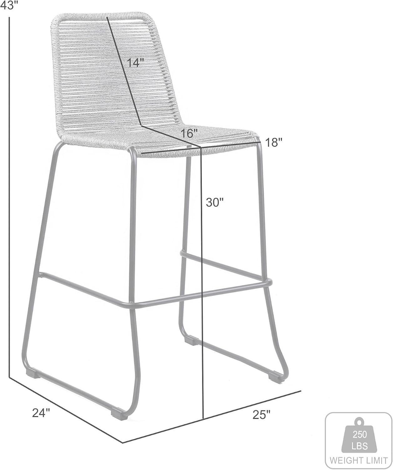 armen LIVING Shasta Indoor Outdoor Patio Metal and Black Rope Stackable Barstool, 30" Seat Height, Set of 2