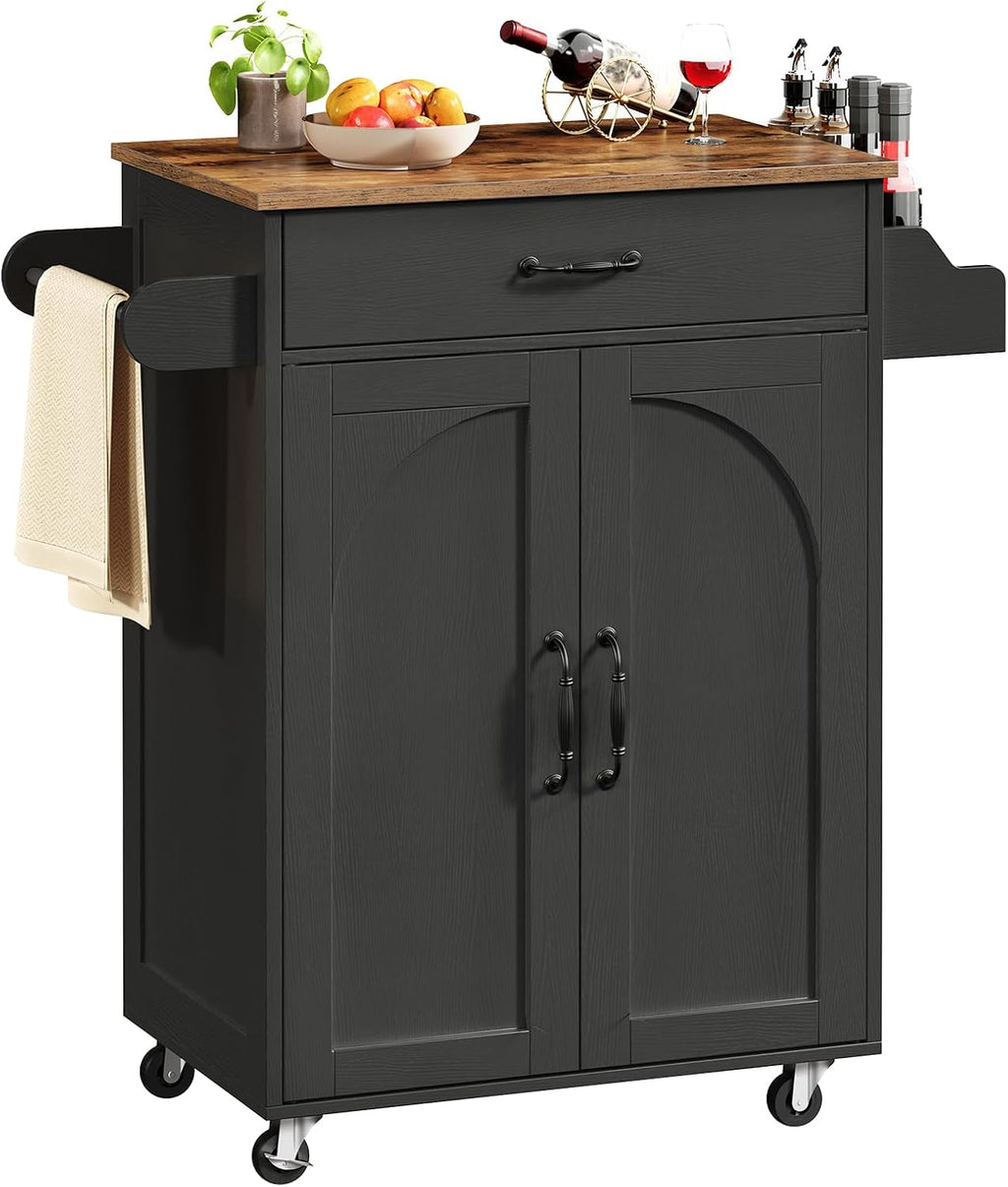 RALGEND Kitchen Island Cart, Small Kitchen Island with Storage Cabinet and Drawer, Rolling Kitchen Cart on Wheels with Spice Rack and Towel Rack, for Kitchen, Dining Room, Black and Rustic Brown