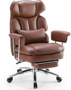 Sweetcrispy Executive Home Office Desk Chair - Ergonomic Big Tall High Back with Footrest & Lumbar Support, Reclining Height Adjustable, Comfy PU Leather Computer Gaming with Swivel Wheels, Brown