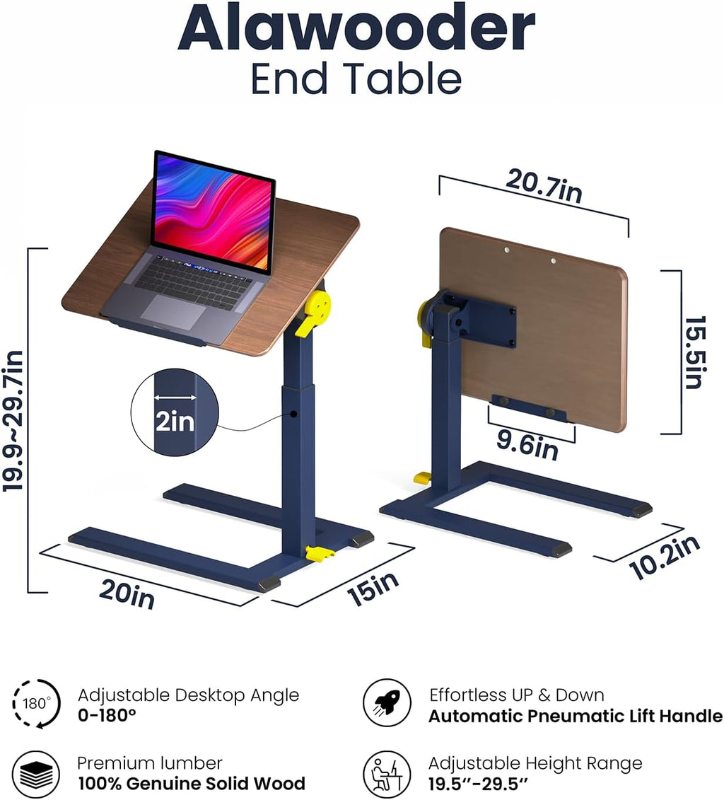 alawooder Rolling End Table, 100% Solid Wood Side Table (20.6" W x 15.7" D), Height Adjustable from 19.8" to 29.7", C Table that Slides Under Couch, Mobile Laptop Desk with Ergonomic Tilt Top
