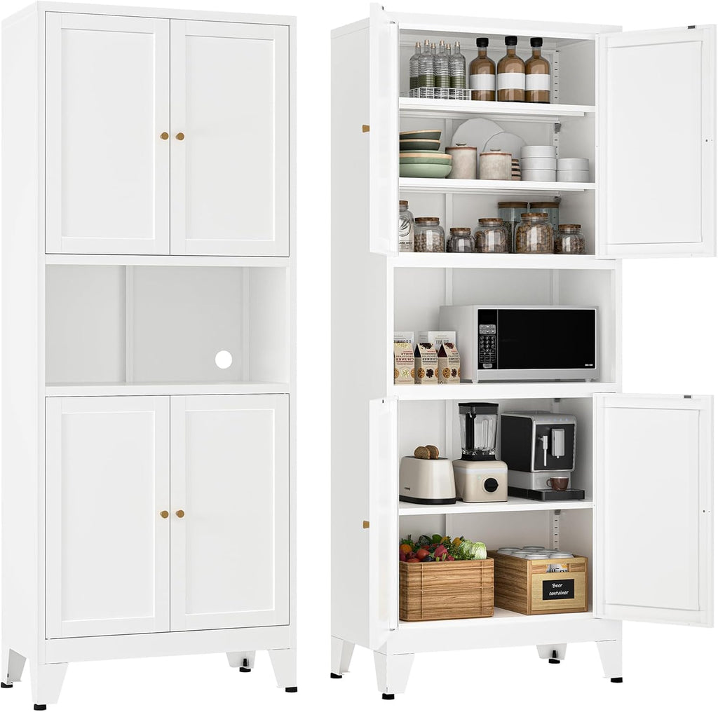 YAUWOH 69" Tall Metal Pantry Cabinet with Microwave Shelf, 4 Doors & 3 Adjustable Shelves, 120LBS Per Shelf Heavy Duty Storage Cabinet with Anti-Tip Design for Kitchen,Dining Room (1PC,White)