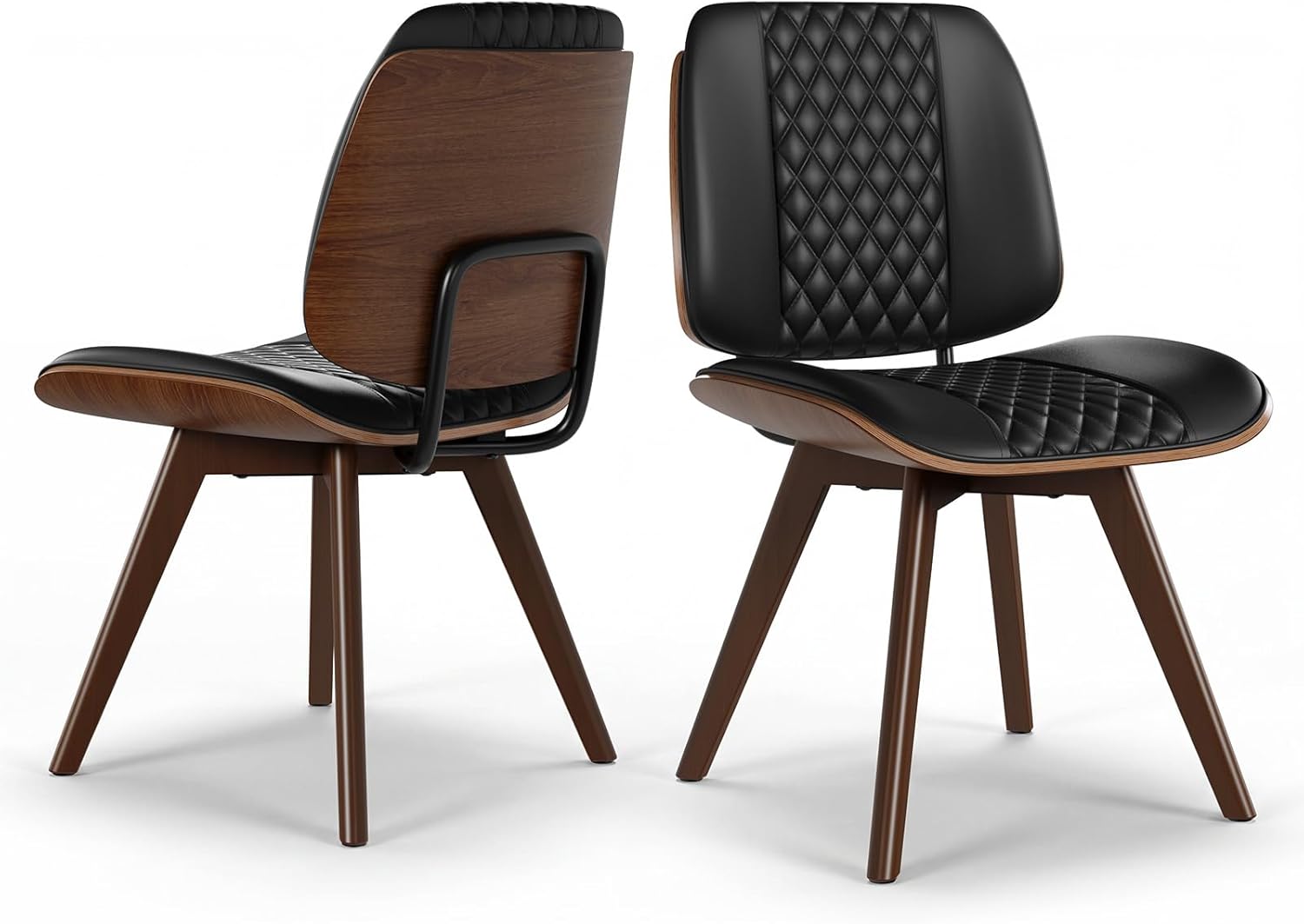 BV Dining Chairs Set of 4, PU Leather Armless Kitchen Chair in Modern Walnut Style, Mid Century Bentwood Side Chair with Wood Legs, Retro Accent Guest Chair for Kitchen Dining Room(Black)