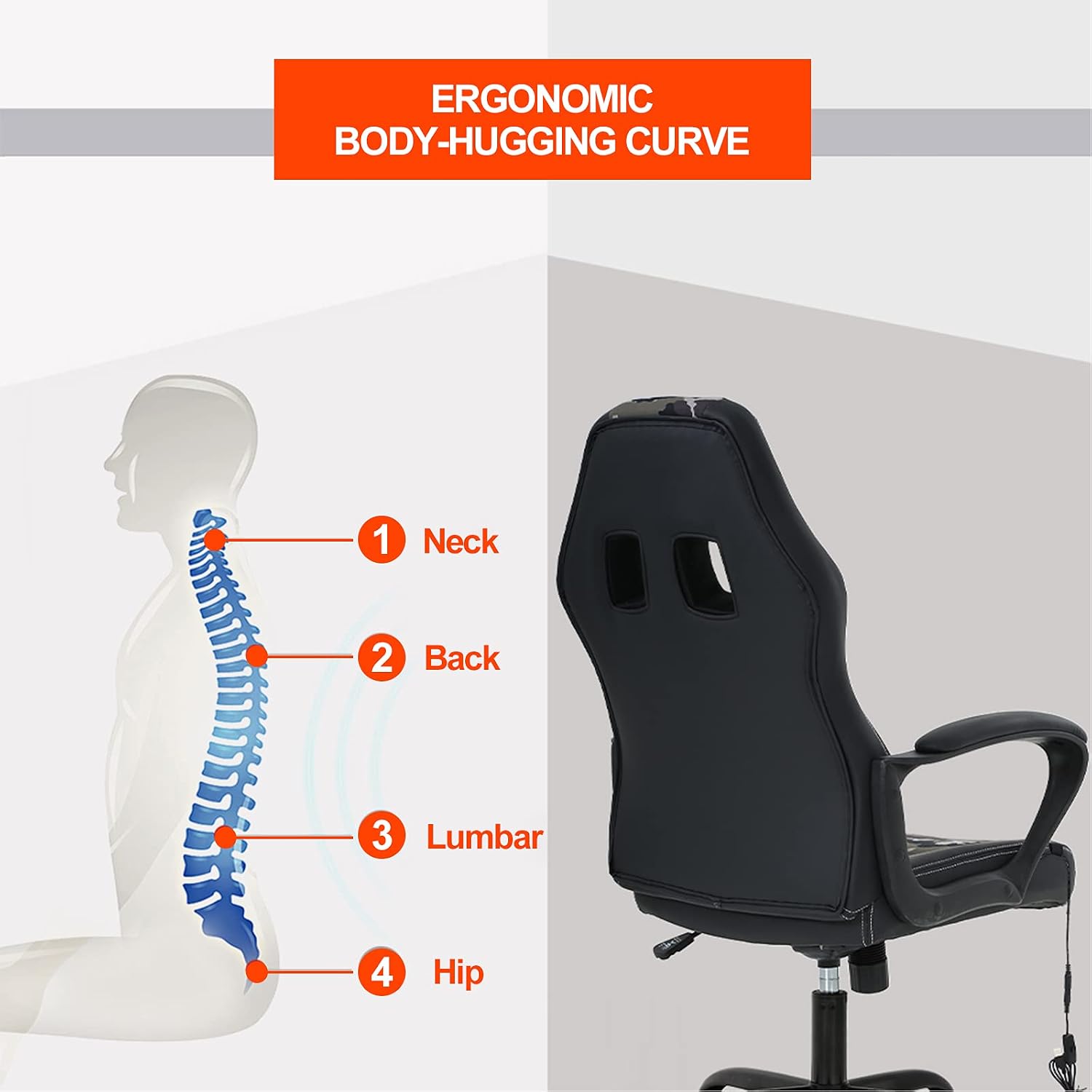 Comfortable Office Chair Massage Office Chair PC Gaming Chair Ergonomic Chair Desk Chair with Lumbar Support Headrest PU Leather Executive High Back Computer Chair Adults, Camo, 20.3x20.1x45.7inch