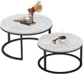 Nesting Coffee Tables Set of 2, 31.5" Round Coffee Table for Living Room, Marble Pattern Wooden Tabletop Black Sturdy Metal Frame Tables, Modern Bedroom Simple Nightstand Balcony Yard