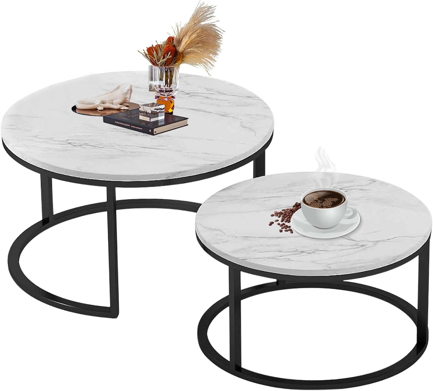 Nesting Coffee Tables Set of 2, 31.5" Round Coffee Table for Living Room, Marble Pattern Wooden Tabletop Black Sturdy Metal Frame Tables, Modern Bedroom Simple Nightstand Balcony Yard