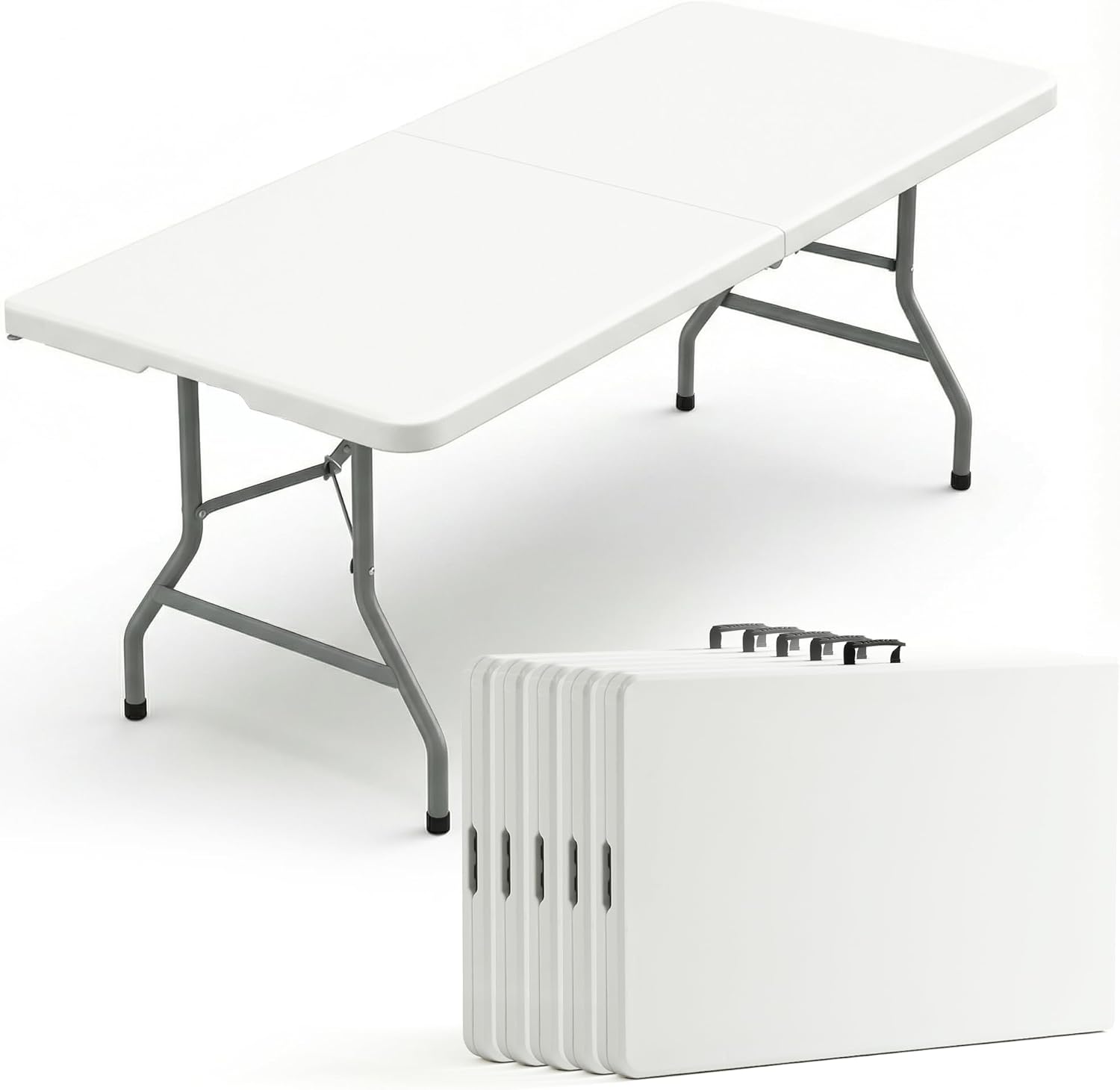 5 Pack of 6 Foot Foldable Table with Built in Handle & Steel Legs, 6FT Portable Heavy Duty Plastic Folding Tables for Parties, Dining, Wedding, Events, Picnic, Indoor & Outdoor, Camping, Utility