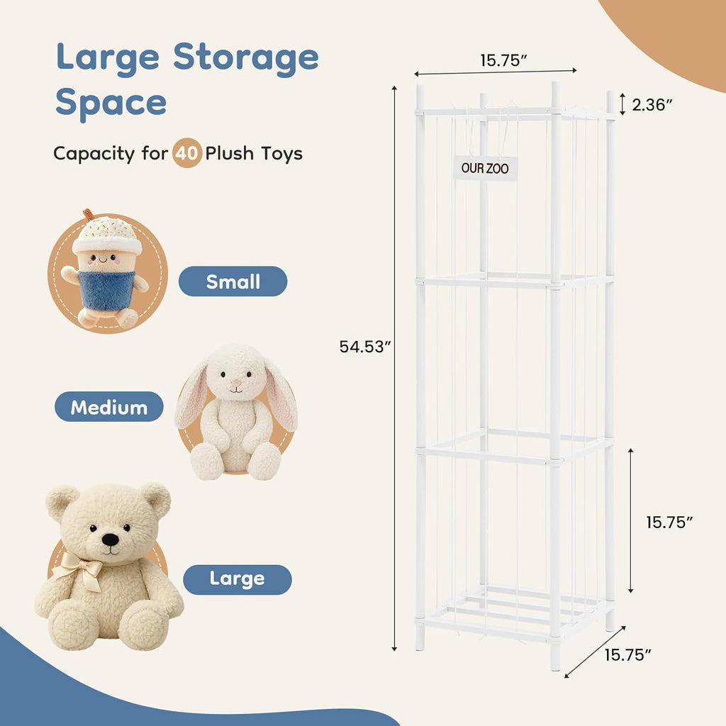 DUMOS Stuffed Animal Storage, 54In Large Stuffed Animal Holder, Plushies Storage with Solid Wood Base&Elastic Cord, Space Save Zoo Toy Organizers for Playroom Bedroom Nursery White