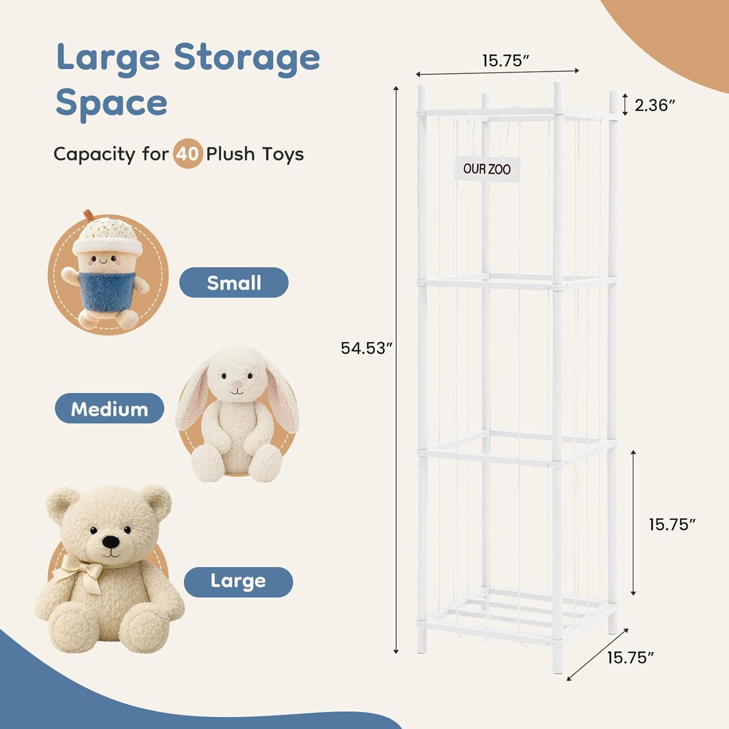 DUMOS Stuffed Animal Storage, 54In Large Stuffed Animal Holder, Plushies Storage with Solid Wood Base&Elastic Cord, Space Save Zoo Toy Organizers for Playroom Bedroom Nursery White