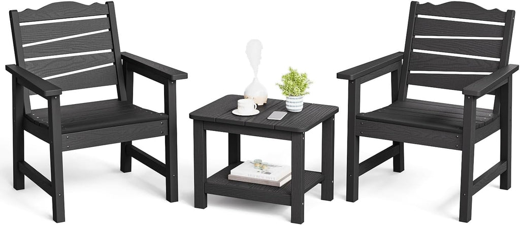 Patio Chairs Set, 3 Pieces Weatherproof HIPS Outdoor Furniture, Patio Chairs Conversation Sets with Side Table for Garden Porch Lawn & Backyard (Black)