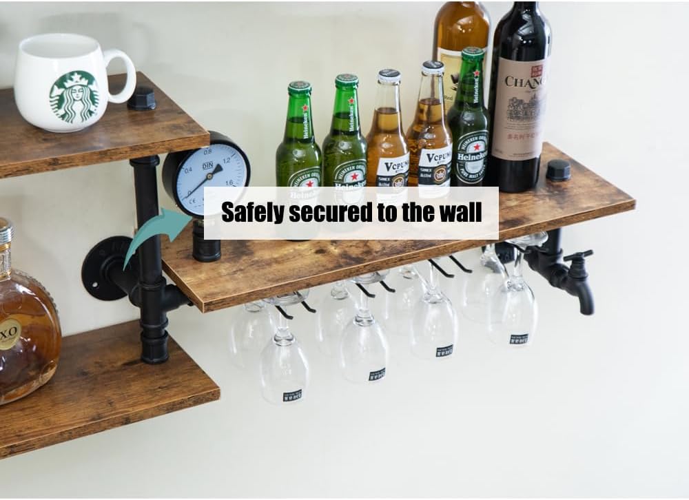 Bar Liquor Shelves, Industrial Pipe Shelving Wine Rack Wall Mounted, Wine Bottle Display Storage Holder for Kitchen Dining Room Bar (Black)