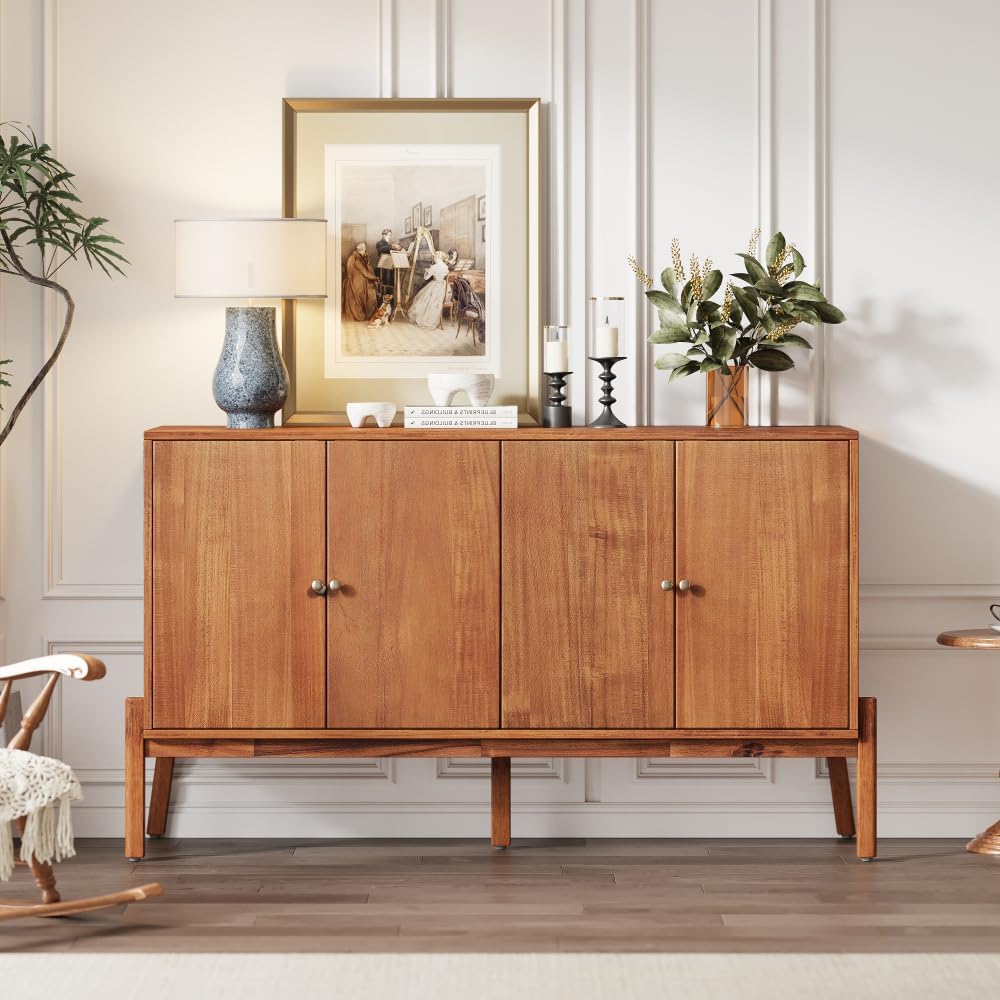 Saiveina Vintage Sideboard Buffet Cabinet, 56.8" W X 18" D X 34.2" H, 4-Door Storage Cabinet with Metal Handles, MDF & Acacia Veneer, Brown Finish for Dining Room or Living Room