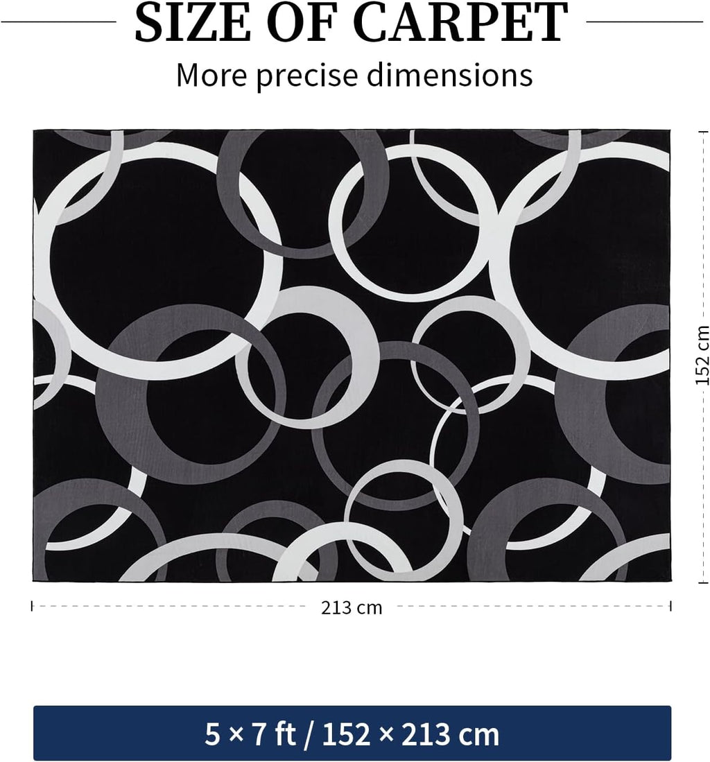 YIHOUSE Washable 5x7 Area Rugs for Living Room, Modern Black and White Rug for Bedroom Non Slip Low Pile, Modern Circle Pattern Carpet for Dining Room Playroom Home Office Decor