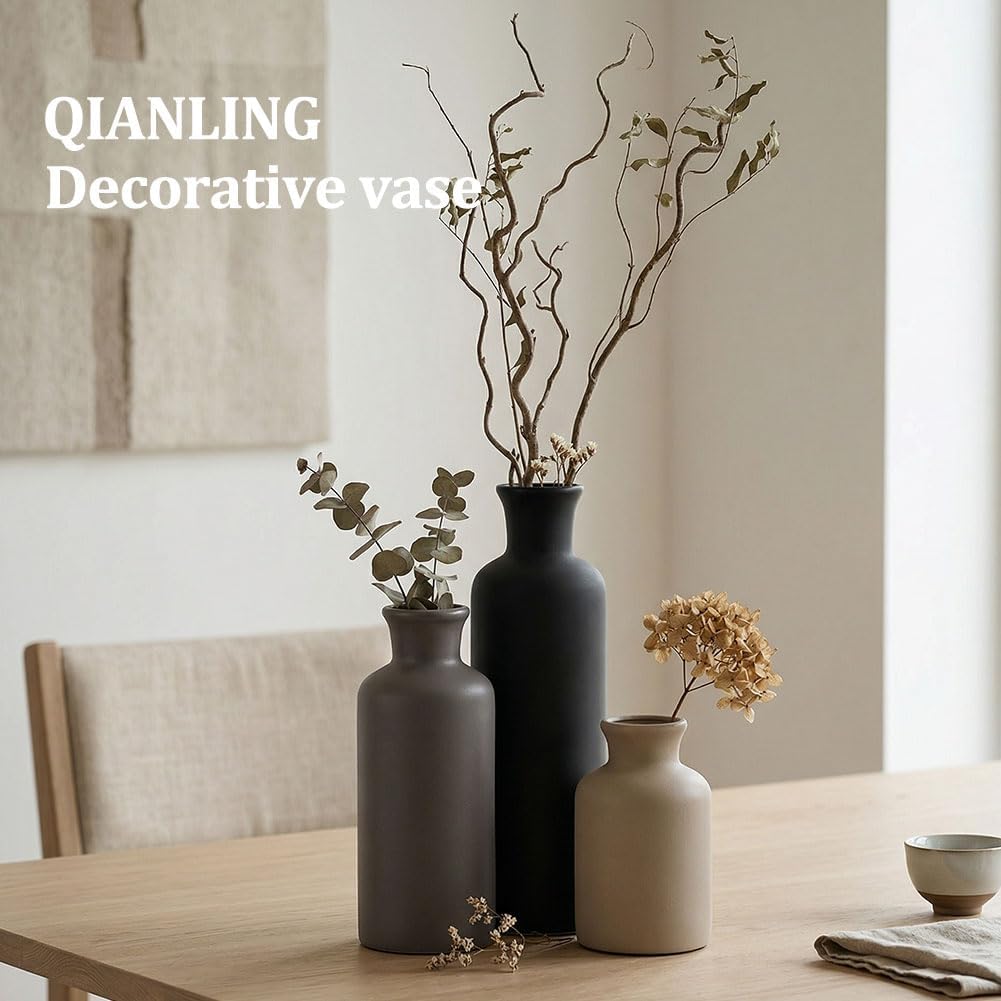 Ceramic Vase Set of 3 - Modern Neutral Vases for Home Decor Rustic Farmhouse Decor Pampas Vase for Table Mantel Entryway Shelf Living Room Kitchen Bathroom