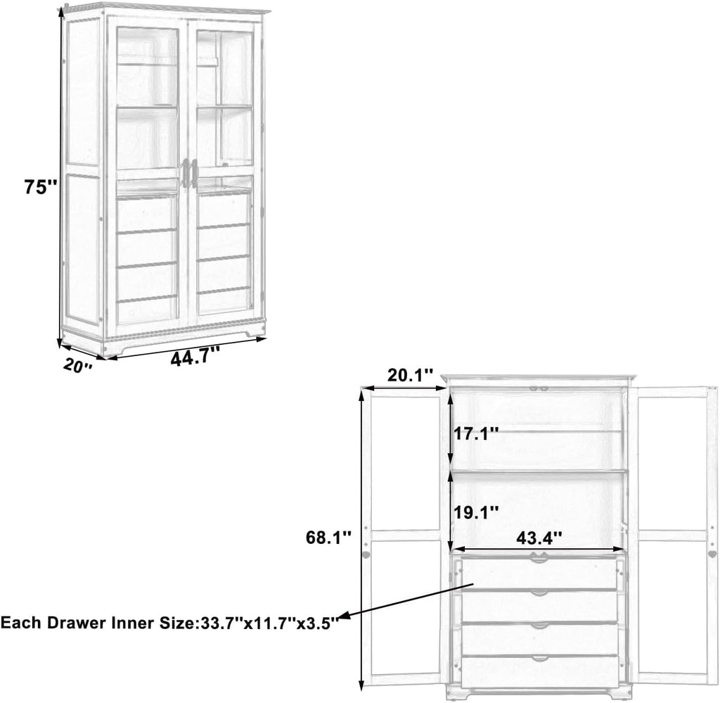 44.7" Wide Pine Wood Kitchen Pantry Cabinet with Glass Doors 4 Drawers and Shelf Freestanding Farmhouse Storage Cabinet for Kitchen Dining Living Room Display Organizer Natural