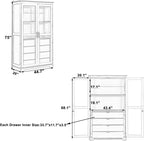 Freestanding Kitchen Pantry with Glass Doors and 4 Built-in Drawers, Large Kitchen Storage Cabinet Display Cabinet Cupboard for Dining Room, Living Room (White)
