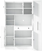 Farmhouse Freestanding Kitchen Pantry with Pull-Out Side Cabinet, Door Shelves and Drawer, Large Buffet Sideboard Cupboard for Dining Room (White)