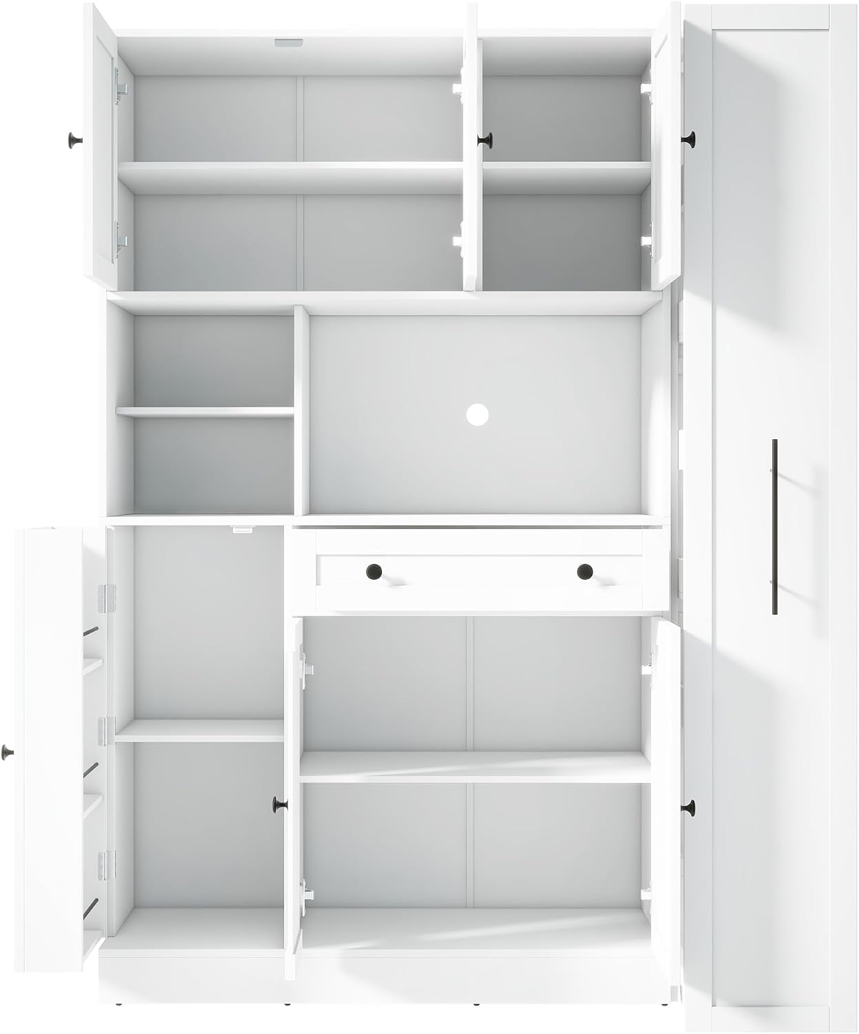 Farmhouse Freestanding Kitchen Pantry with Pull-Out Side Cabinet, Door Shelves and Drawer, Large Buffet Sideboard Cupboard for Dining Room (White)