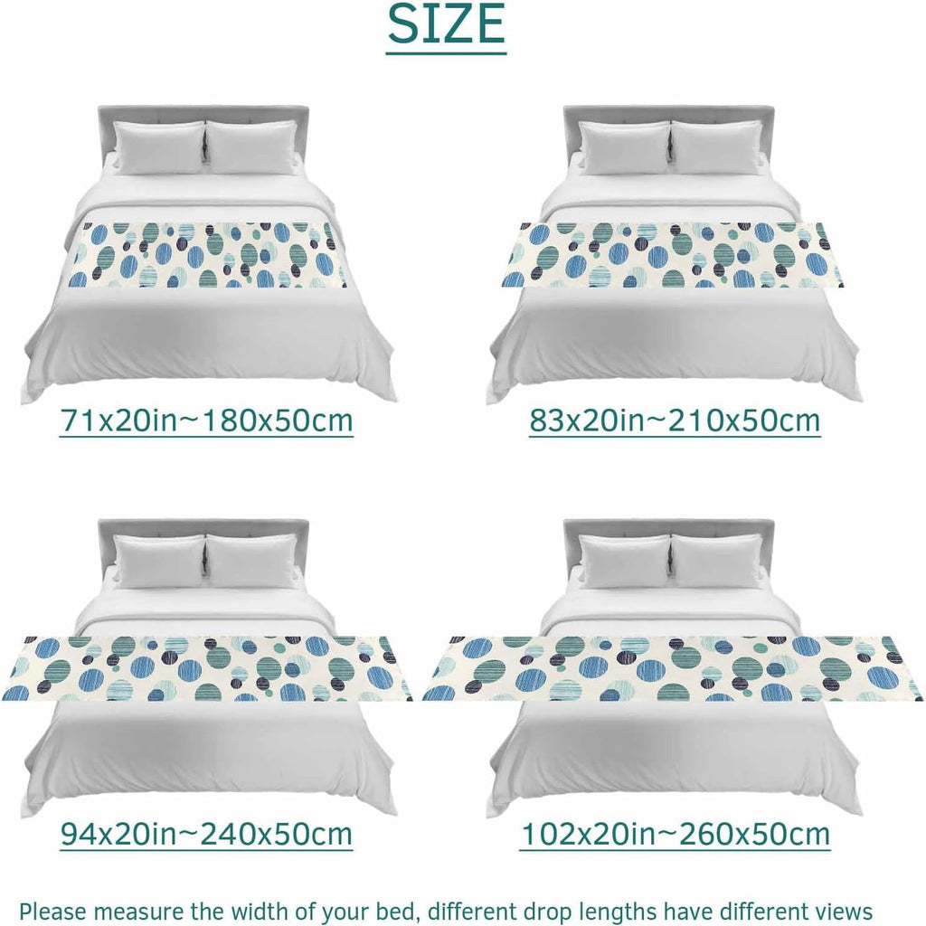 Abstract Geometric Bed Runner Bedding Decorative Scarf for Fits Cal King Bed, Farmhouse Vintage Polka Dot Teal Blue Luxury Fine Print Foot Throw with Satin for Hotels Homes, Guest Rooms, 102" x 20"