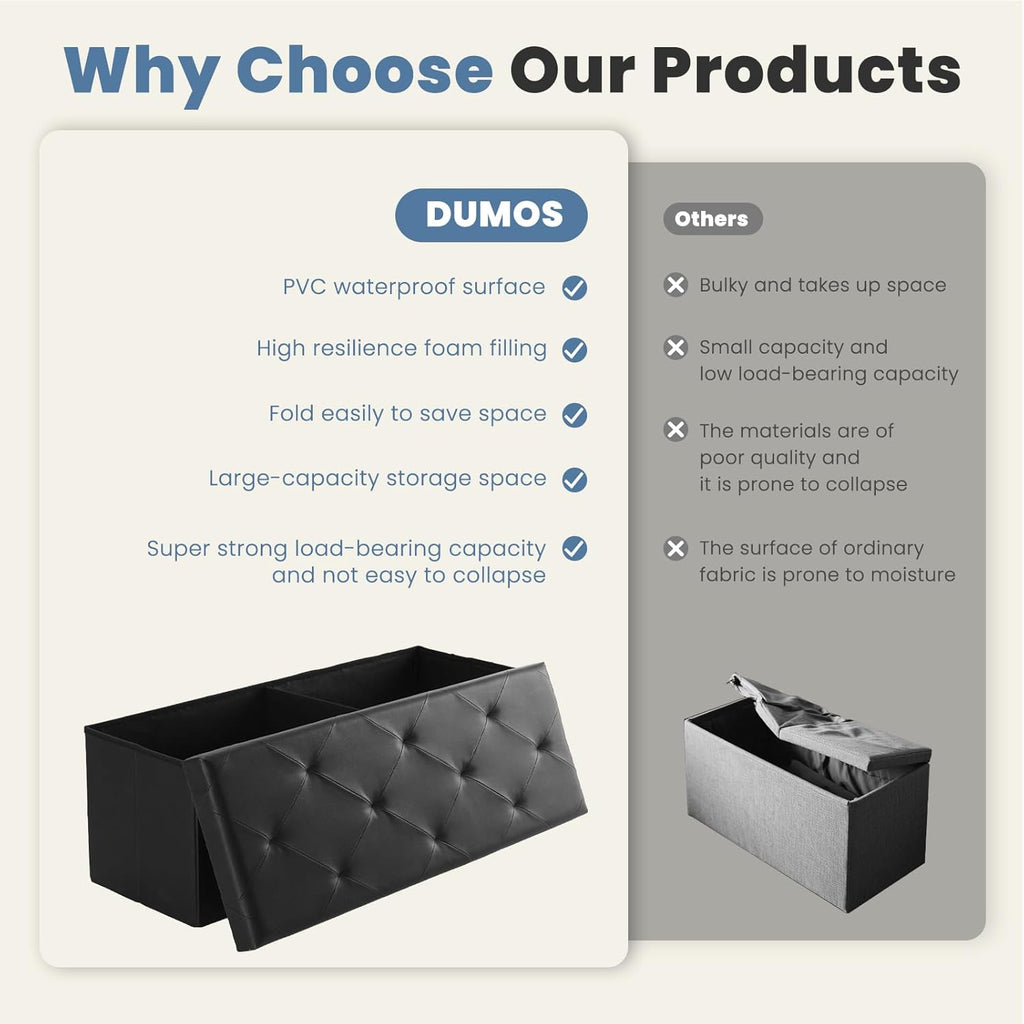 DUMOS 43 Inches Foldable Storage Ottoman Bench, Foot Rest Stool, Synthetic Leather Storage Chest with Thicker Foam Padded Seat for Entryway Living Room, Modern Black