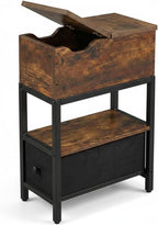 Flip Top Narrow End Table with Hidden Storage, Small Side Table with Fabric Drawer, Bedside Tables with Shelf,Metal Frame Chairside Table for Sofa, Living Room, Small Spaces,Rustic Brown