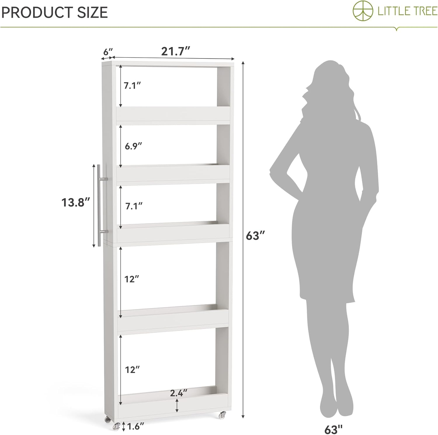 LITTLE TREE 63-Inch Slim Storage Cart on Wheels, 5-Tier Tall Narrow Mobile Shelf Organizer, Rolling Utility Cart with Metal Handle for Kitchen, Dining Room, Small Spaces, White