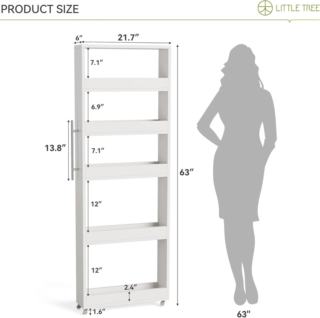 LITTLE TREE 63-Inch Slim Storage Cart on Wheels, 5-Tier Tall Narrow Mobile Shelf Organizer, Rolling Utility Cart with Metal Handle for Kitchen, Dining Room, Small Spaces, White