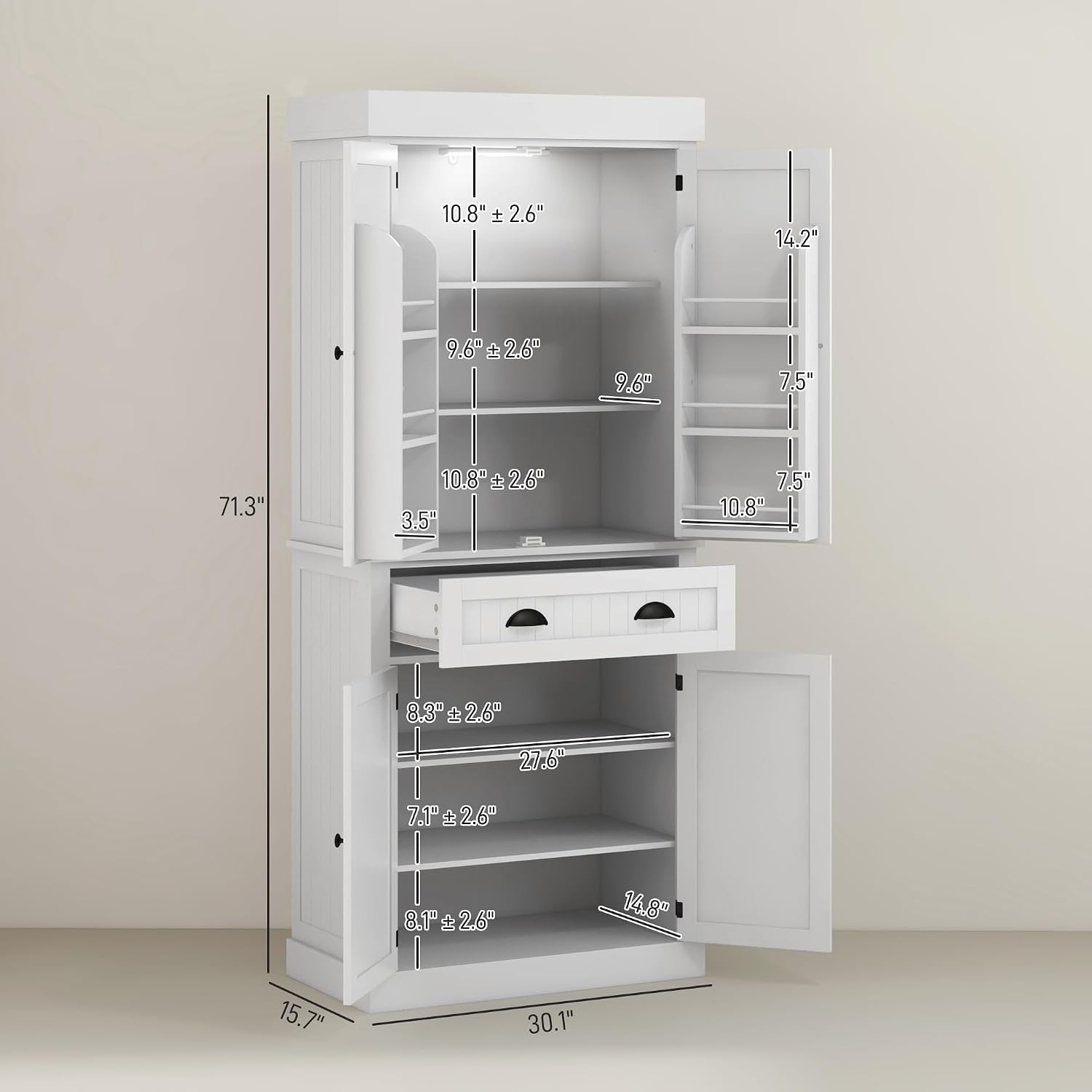 71" Kitchen Pantry Cabinet with Motion Sensor Light, Tall Storage Cabinet with 6 Door Shelves, A Drawer & 4 Adjustable Shelves, for Living Room, Dining Room, White,for Kitchen
