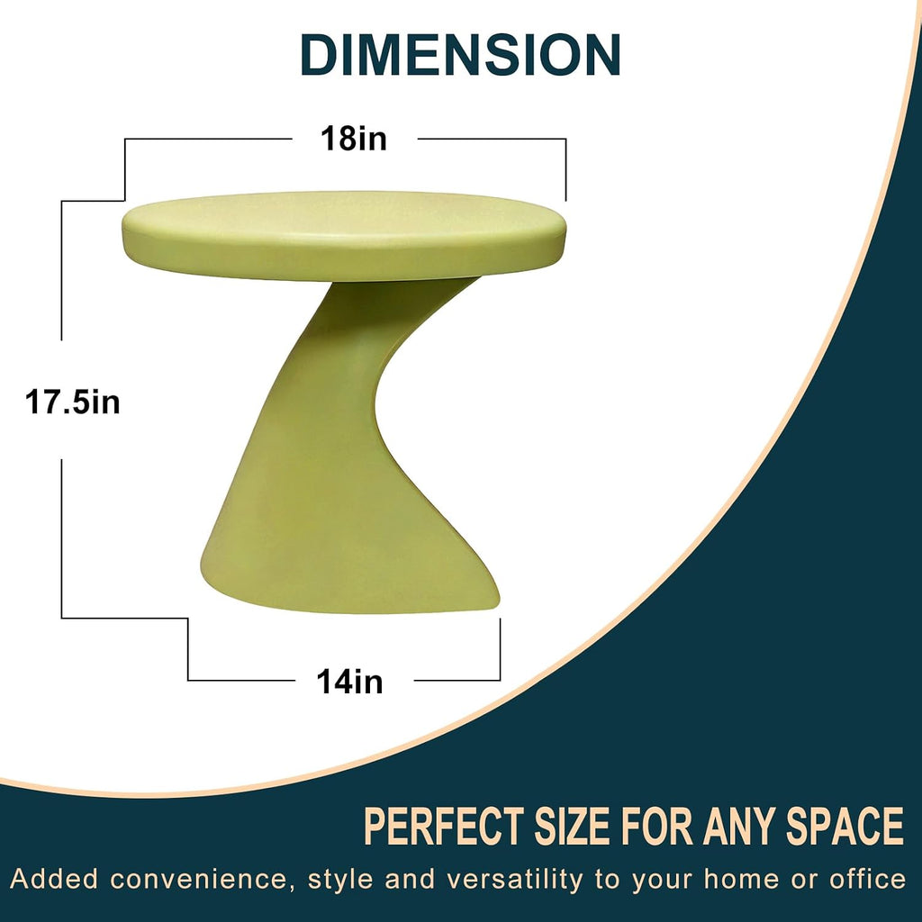 Modern Z-Shaped Round Side Table, 16 Inch Matcha Green PE Accent End Table, Sculptural Pedestal Small Coffee Table, No Assembly Indoor Outdoor Nightstand for Living Room Bedroom