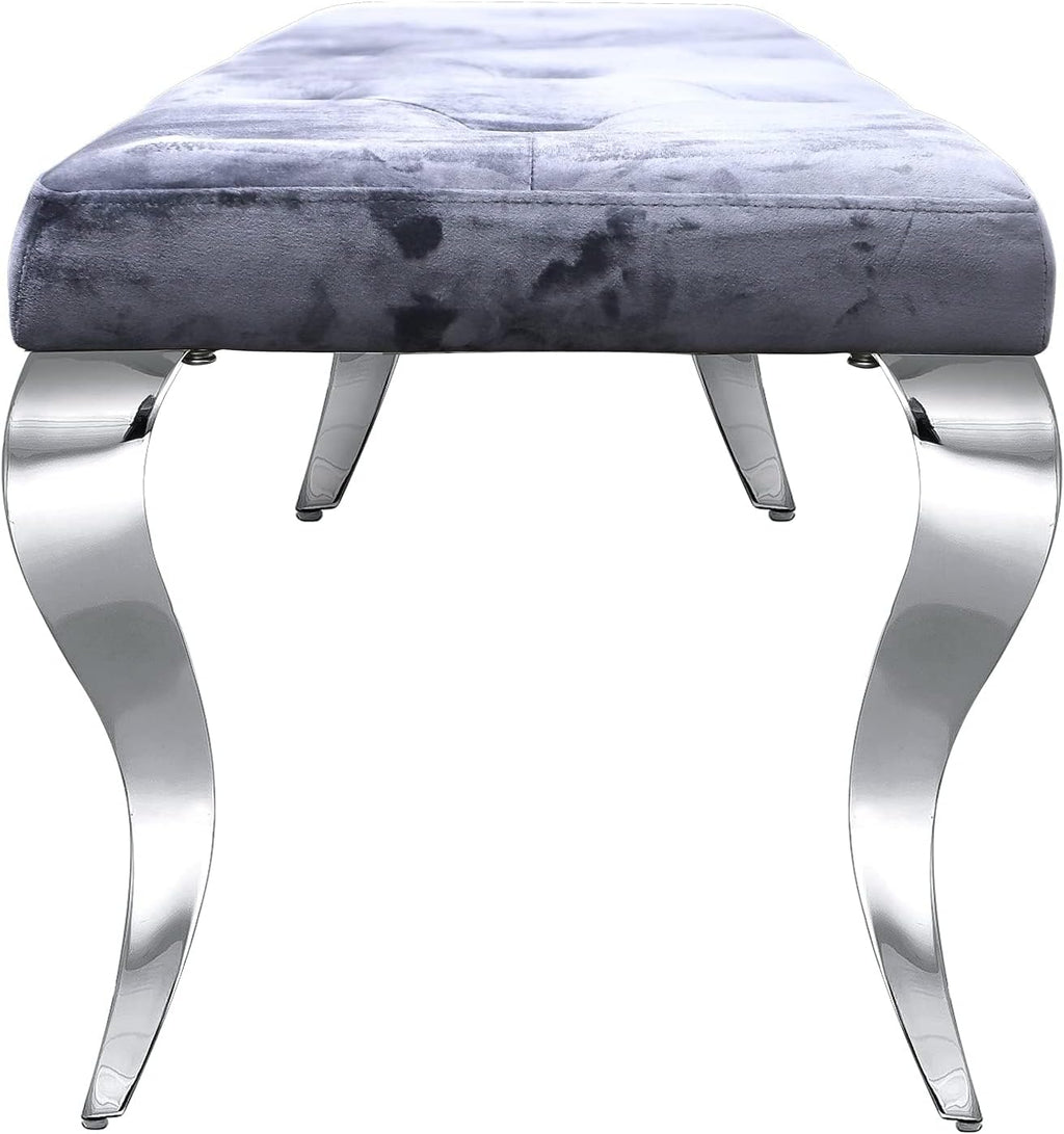 AUZ Benches, Grey and Silver Velvet Upholstered Dining Room Table Bench with Button-Tufted, Modern Glam Chrome Mirrored Chrome Curved Legs