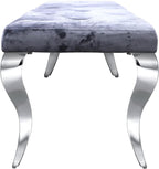 AUZ Benches, Grey and Silver Velvet Upholstered Dining Room Table Bench with Button-Tufted, Modern Glam Chrome Mirrored Chrome Curved Legs