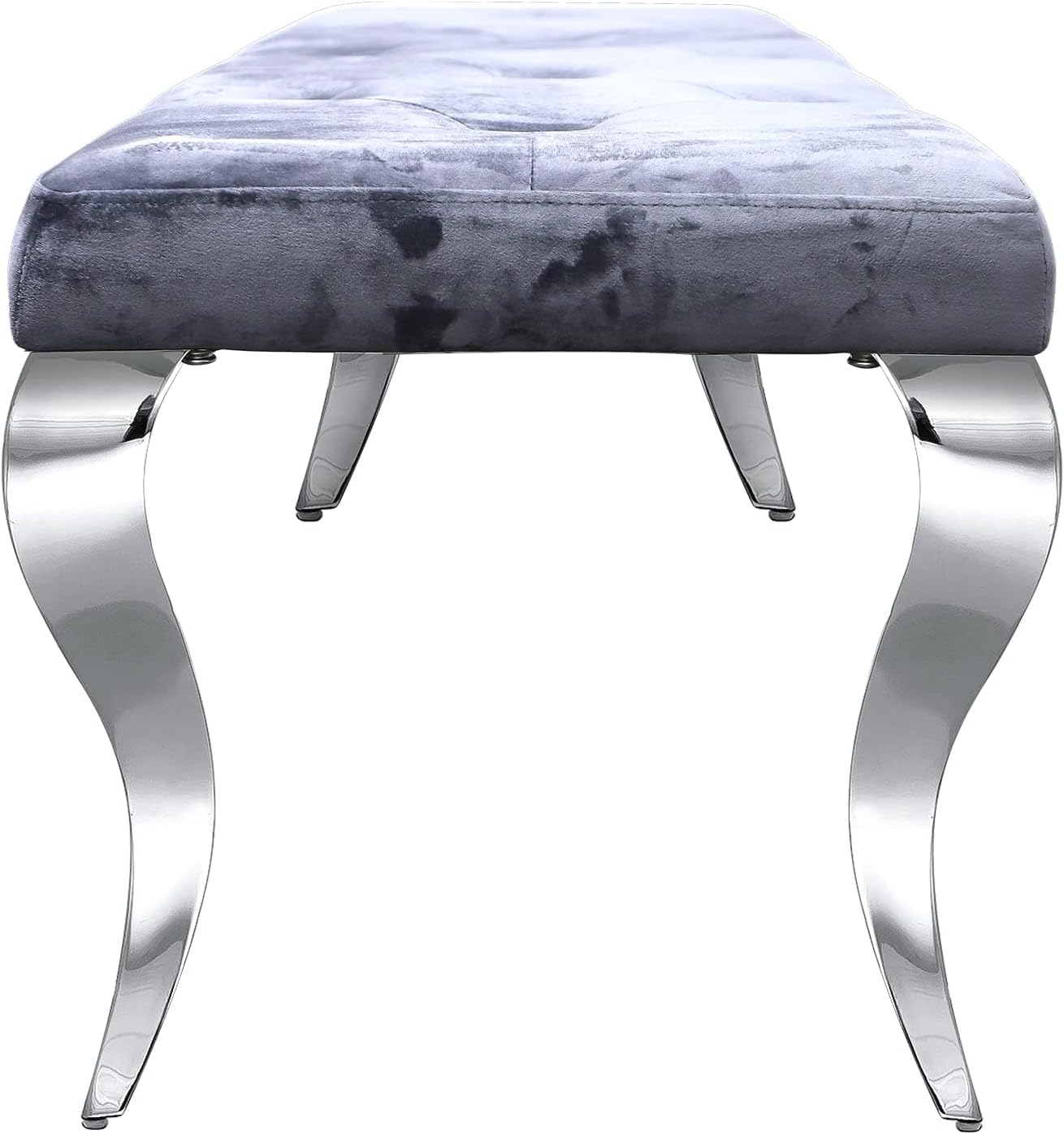 AUZ Benches, Grey and Silver Velvet Upholstered Dining Room Table Bench with Button-Tufted, Modern Glam Chrome Mirrored Chrome Curved Legs