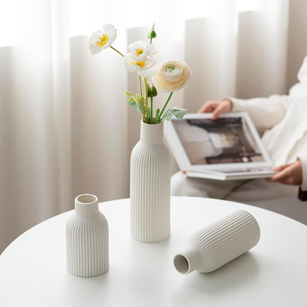 Modern Ceramic Vases Set of 3, White Ribbed Decorative Vases, Shelf Table Centerpiece for Home Decor, Birthday Gifts for Women, Mom, Grandma Decorative (White)