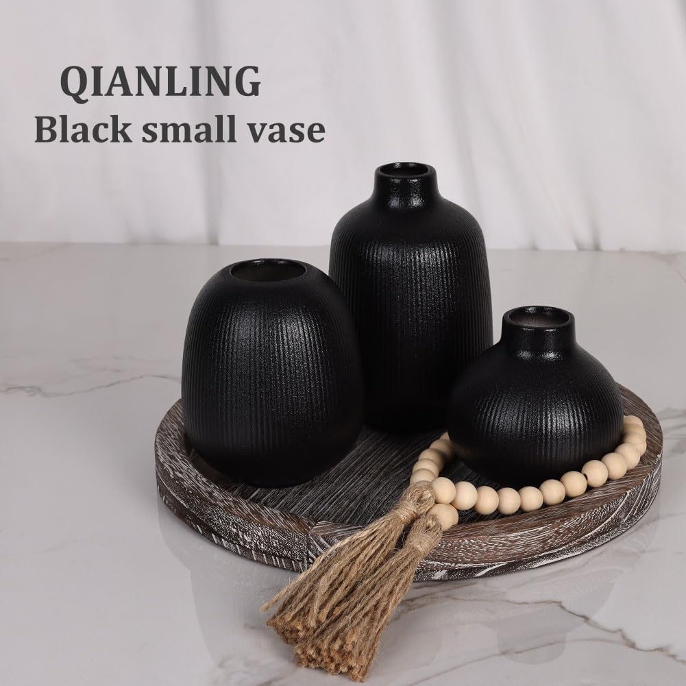 Black Ceramic Vase Set of 3, Minimalist Decor, Home Decorative Vase, Modern Ribbed Vases, Black Vase Set for Kitchen, Bedroom, Office, Living Room, Bathroom, & Shelf Centerpiece Table Decoration