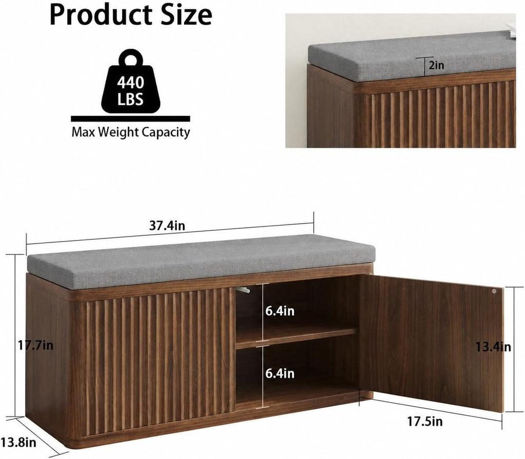 Entryway Shoe Storage Bench with 2" Cushion, 37.4" Small Bench with Shoe Rack, Cabinet Organizer for Hallway, Bedroom End of Bed (Walnut)