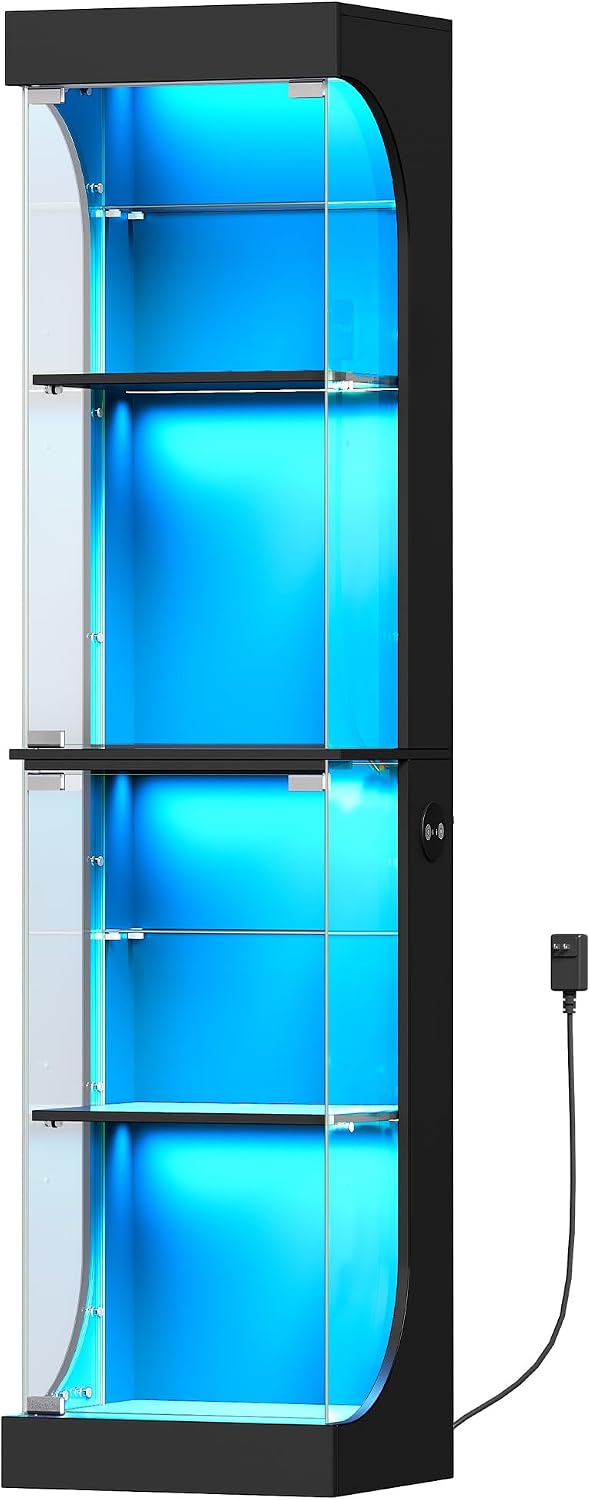 Hzuaneri Glass Display Cabinet 4-Tier Display Case with RGB Lights Black | Curio Cabinet Adjustable Glass Shelves, Human Body Sensor, Press-To-Open Doors Storage Cabinets Showcase For Collectibles
