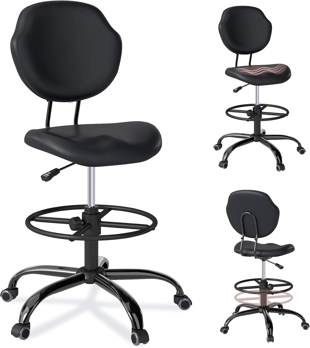 Drafting Chair with Back Support, Tall/High Desk Rolling Stool with Footrest Ring, Faux Leather Office Chair with Height Adjustable for Standing Desk, Home Office, Bar, Workbench & Kitchen(Black)