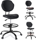 Drafting Chair with Back Support, Tall/High Desk Rolling Stool with Footrest Ring, Faux Leather Office Chair with Height Adjustable for Standing Desk, Home Office, Bar, Workbench & Kitchen(Black)