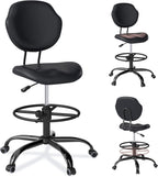 Drafting Chair with Back Support, Tall/High Desk Rolling Stool with Footrest Ring, Faux Leather Office Chair with Height Adjustable for Standing Desk, Home Office, Bar, Workbench & Kitchen(Black)
