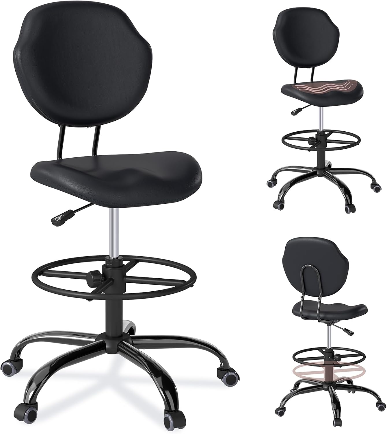 Drafting Chair with Back Support, Tall/High Desk Rolling Stool with Footrest Ring, Faux Leather Office Chair with Height Adjustable for Standing Desk, Home Office, Bar, Workbench & Kitchen(Black)