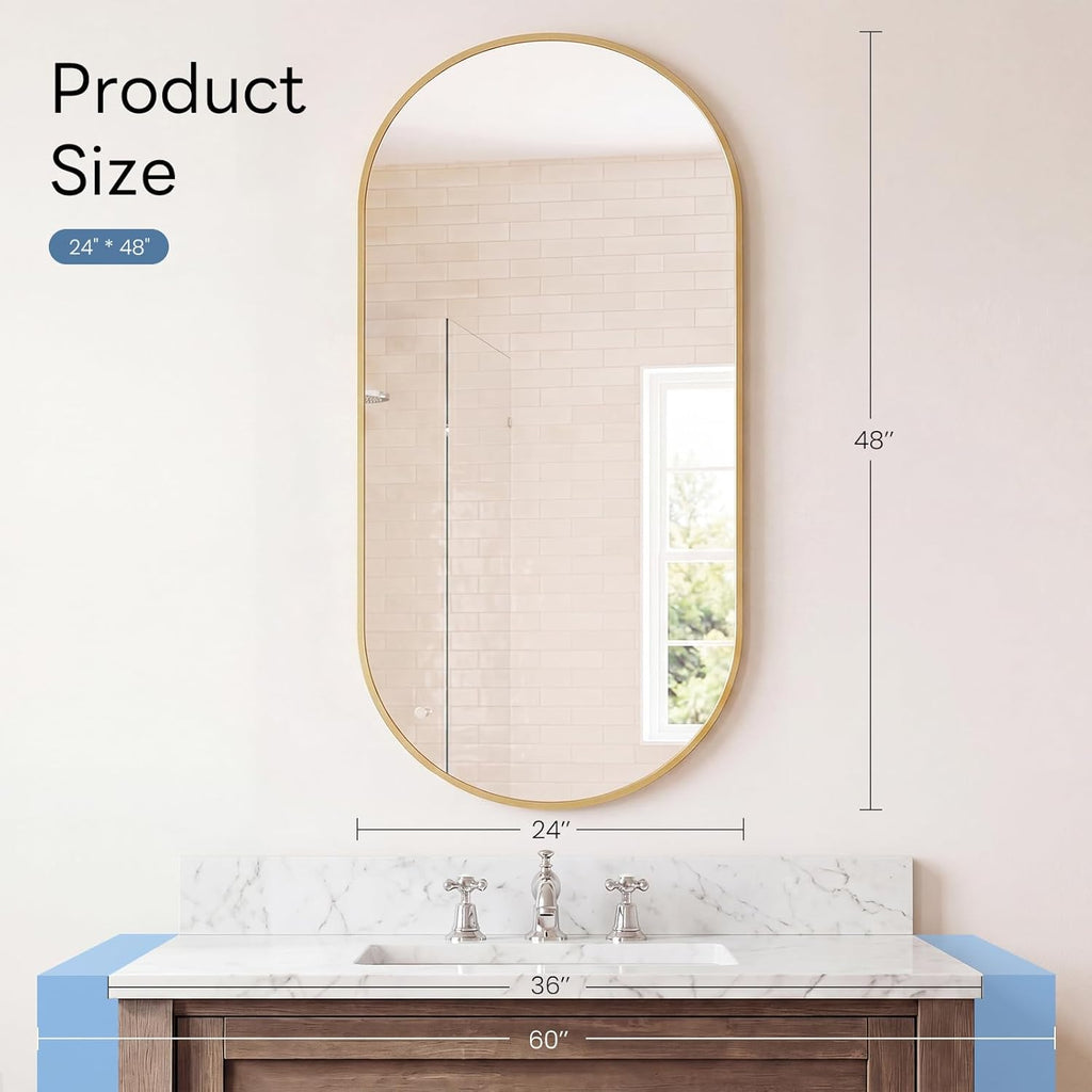 DUMOS 24" x 48" Oval Bathroom Mirror, Gold Wall Mirrors with Metal Frame, Tempered Glass, Morden Vanity Mirror for Over Sink, Entryway, Living Room, Bedroom, Horizontal or Vertical