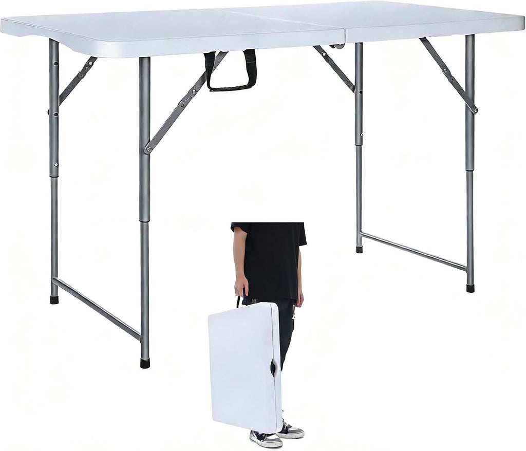 Lakhow Folding Table 4 Foot Portable Heavy Duty Plastic Fold-in-Half Utility Table with Carrying Handle,Indoor Outdoor Small Adjustable Height Folding,Camping and Party,White