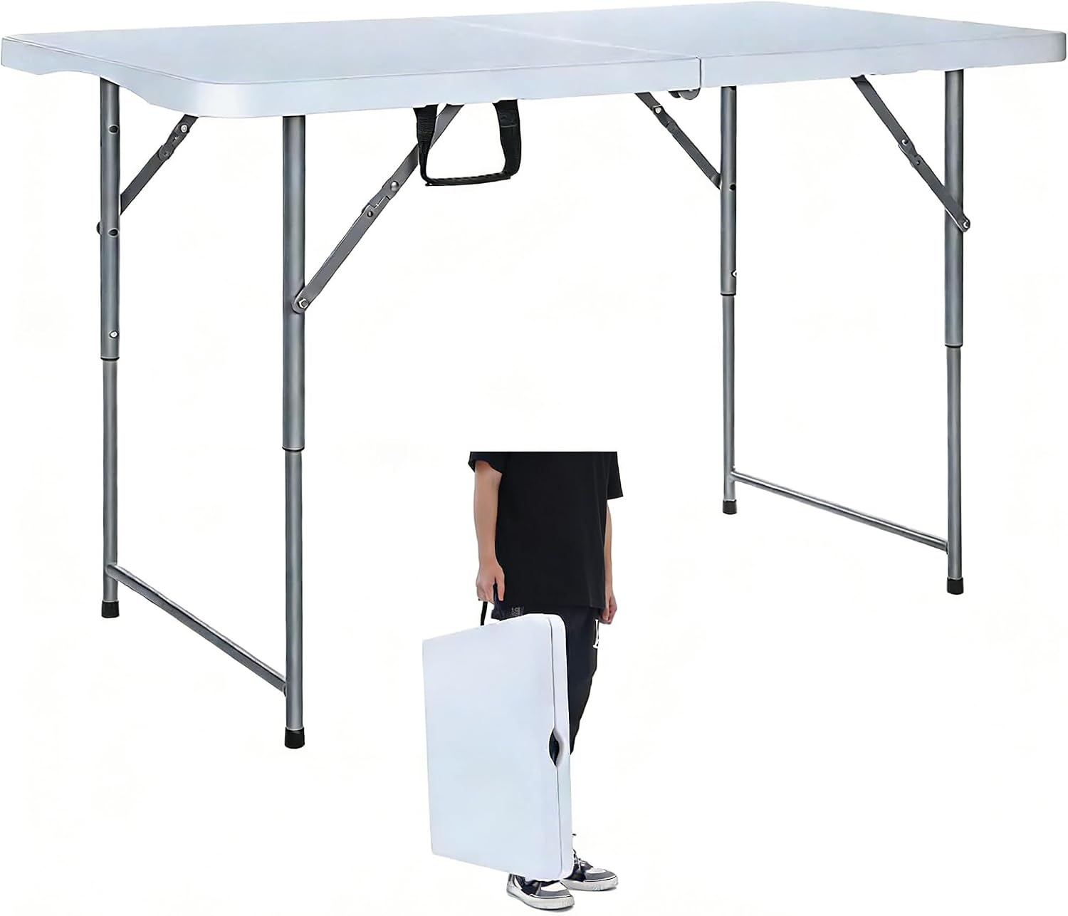Lakhow Folding Table 4 Foot Portable Heavy Duty Plastic Fold-in-Half Utility Table with Carrying Handle,Indoor Outdoor Small Adjustable Height Folding,Camping and Party,White