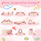 10-Piece Mini Kids Play Couch, Modular Flower Foam Sofa, Convertible Soft Play Sofa with Washable Cover, Indoor Climbing Furniture for Playroom, Pink & Beige