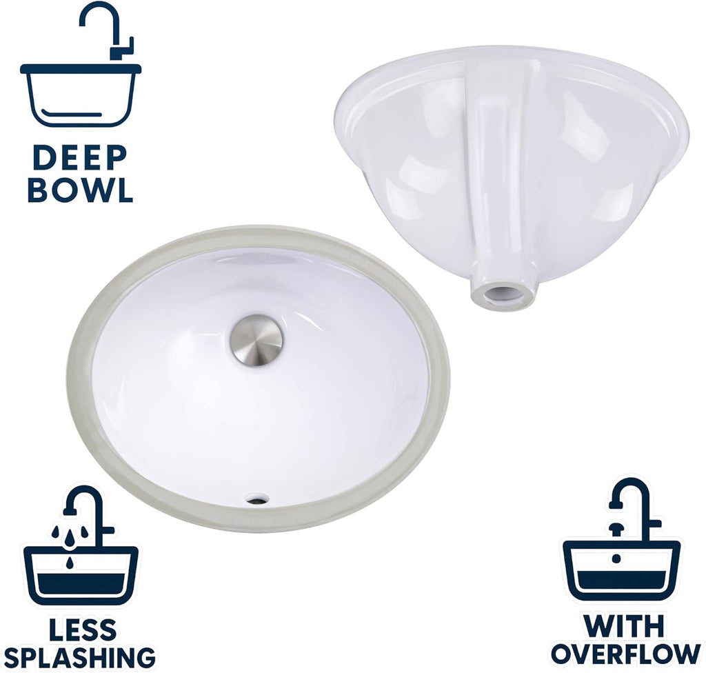 Nantucket Sinks Undermount Bathroom Sink – GB-13x10-W Small Oval Bowl Sink 13 Inch X 10 Inch for Bathroom Vanity, Glazed Bottom for Open Console, White, with Overflow – Ceramic, High Gloss Glaze