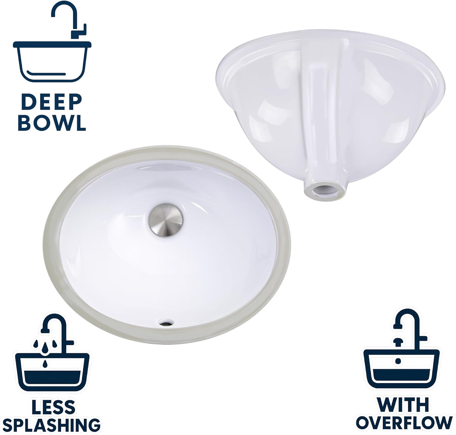 Nantucket Sinks Undermount Bathroom Sink – GB-13x10-W Small Oval Bowl Sink 13 Inch X 10 Inch for Bathroom Vanity, Glazed Bottom for Open Console, White, with Overflow – Ceramic, High Gloss Glaze