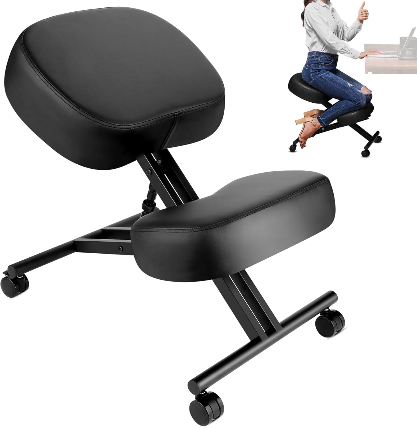 Ergonomic Kneeling Chair, Meditation Chair with Height Adjustable and Cushion for Home and Office, Posture Office Stool with an Angled Seat and Casters