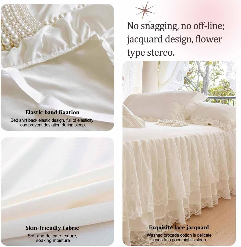 Queen Size Lace Ruffled Bed Skirt, 17 Inch Drop Easy Fit Bedskirt Bed Sheet for Hidden Box Spring & Under Bed Storage