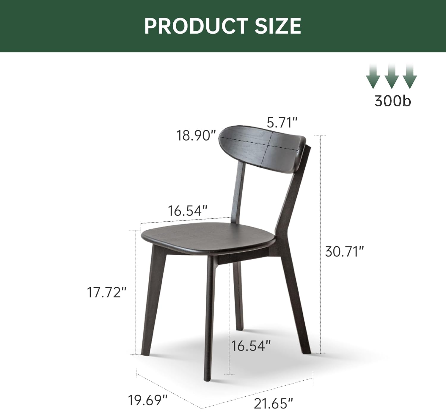 Dining Chairs, Kitchen Chairs, 100% Oak Solid Wood Modern Chair with Curved Backrest Kitchen & Dining Room Chairs Modern Chair for Living Room (Black, 4 Pack)